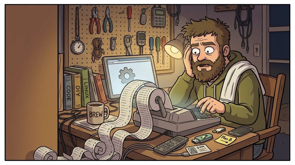 Abo-Rechner: Comic, Mann starrt entsetzt auf eine Rechenmaschine, deren Papierrolle bis auf den Boden reicht