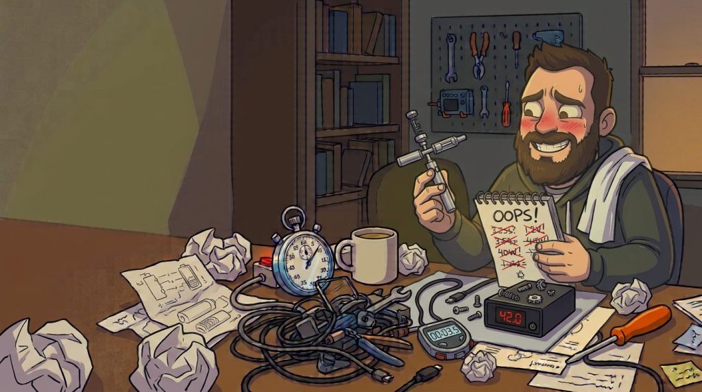 Dynavap Anfängerfehler: Comic mit falsch zusammengebautem Dynavap und „OOPS!“-Notizblock