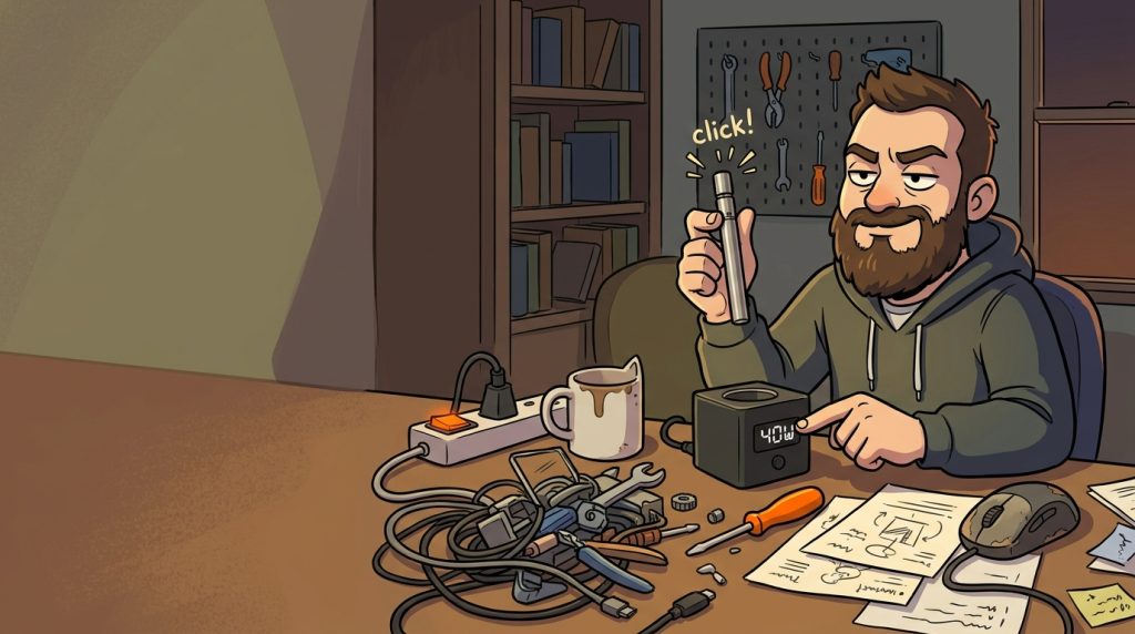 Dynavap Cuboo Setup: Comic, Mann stellt den M7 XL am Cuboo V2 auf 40 Watt ein